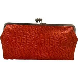 Vintage Kiss Lock Clutch Wallet Faux Leather Crock Embossed Orange